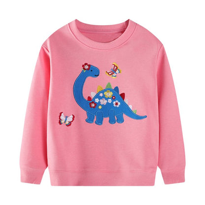 HILEELANG Toddler Girls(2-7Y) Long Sleeve Pink Sweatshirt with Dinor Embroidery – Cute Construction Pullover Top for Fall