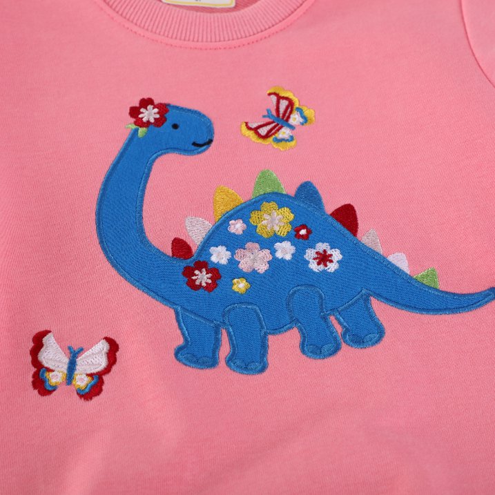 HILEELANG Toddler Girls(2-7Y) Long Sleeve Pink Sweatshirt with Dinor Embroidery – Cute Construction Pullover Top for Fall
