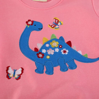 HILEELANG Toddler Girls(2-7Y) Long Sleeve Pink Sweatshirt with Dinor Embroidery – Cute Construction Pullover Top for Fall