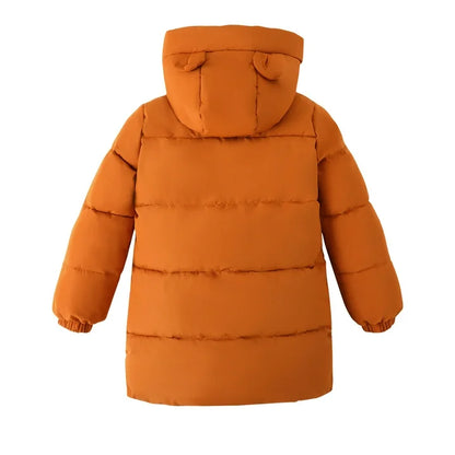 HILEELANG Toddler Kids Caramel Brown Mid-Length Puffer Coat – Warm Quilted Winter Jacket with Bear Ear Hood for Boys & Girls