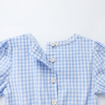 HILEELANG 3-13T Little/Big Girls Blue Gingham Square Neck 100% Cotton Dress