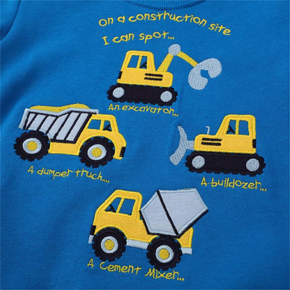 HILEELANG Toddler Boy Sweatshirts Royal Blue Excavator Applique Crewneck Pullover Cotton Winter Top Clothes Shirts