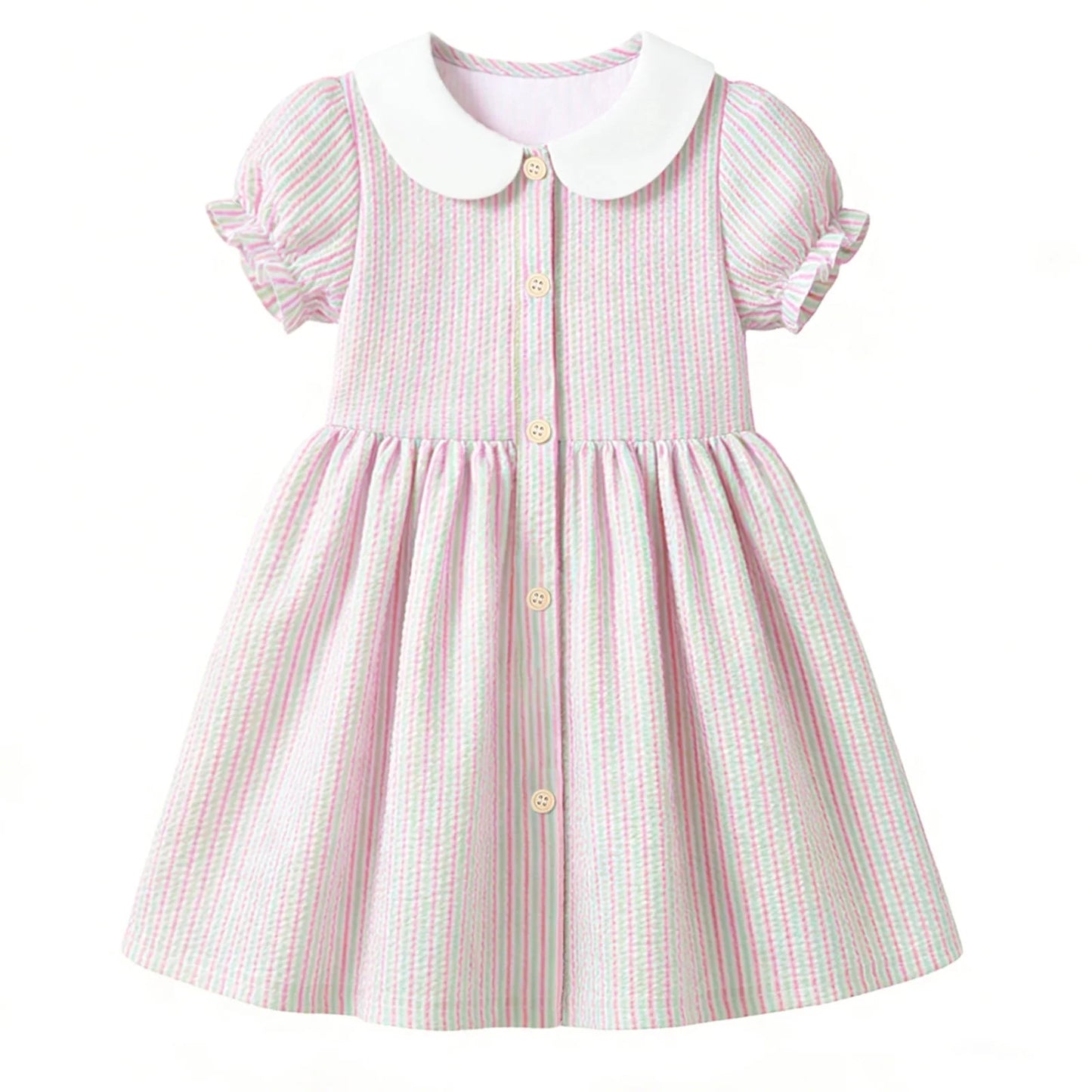 HILEELANG 2-7T Toddler/Little Girls Pink Green Lavender Stripe 100% Cotton Dress