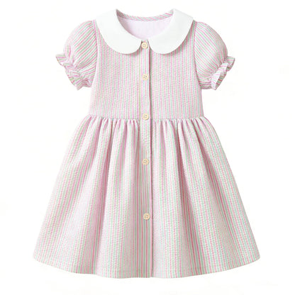 HILEELANG 2-7T Toddler/Little Girls Pink Green Lavender Stripe 100% Cotton Dress