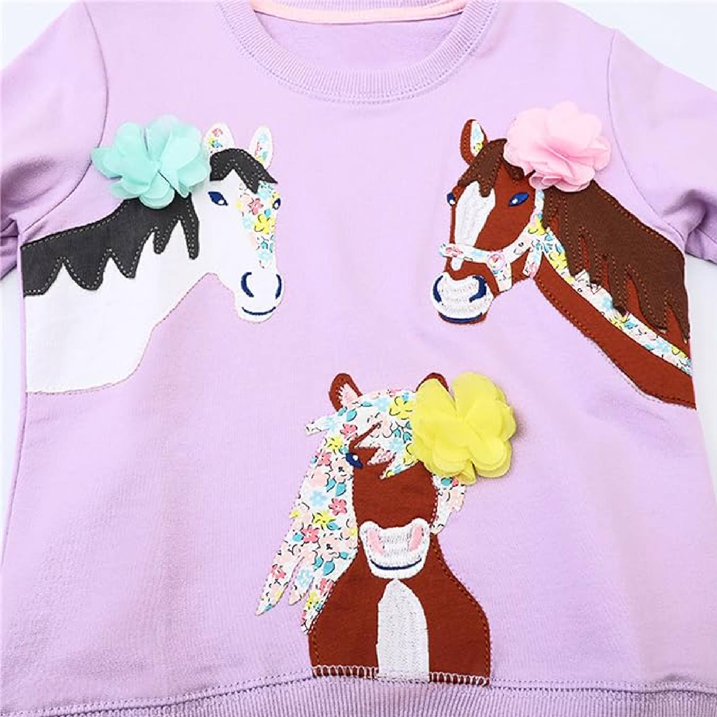 HILEELANG Toddler Girl Sweatshirts Purple Horse Printed Cotton Casual Crew Neck Long Sleeve Tops Shirt