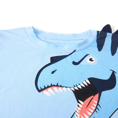 HILEELANG Toddler Dino Themed Cotton Short Sets - Blue Dinosaur Tee with Plaid Shorts for 18M-8Years