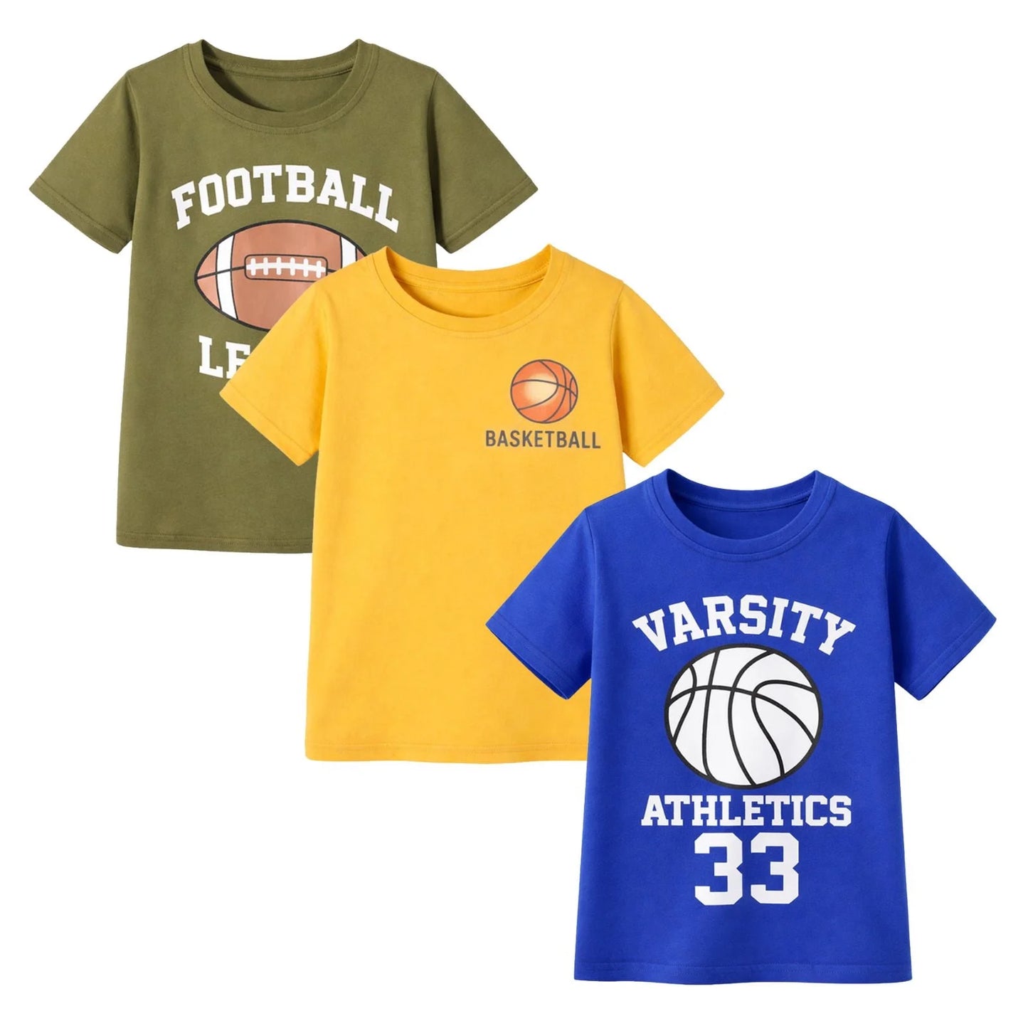 HILEELANG 4-13 Little Boys Red Navy Gray 100% Cotton Sports Graphic 3-Pack Short Sleeve T Shirt Summer Tops