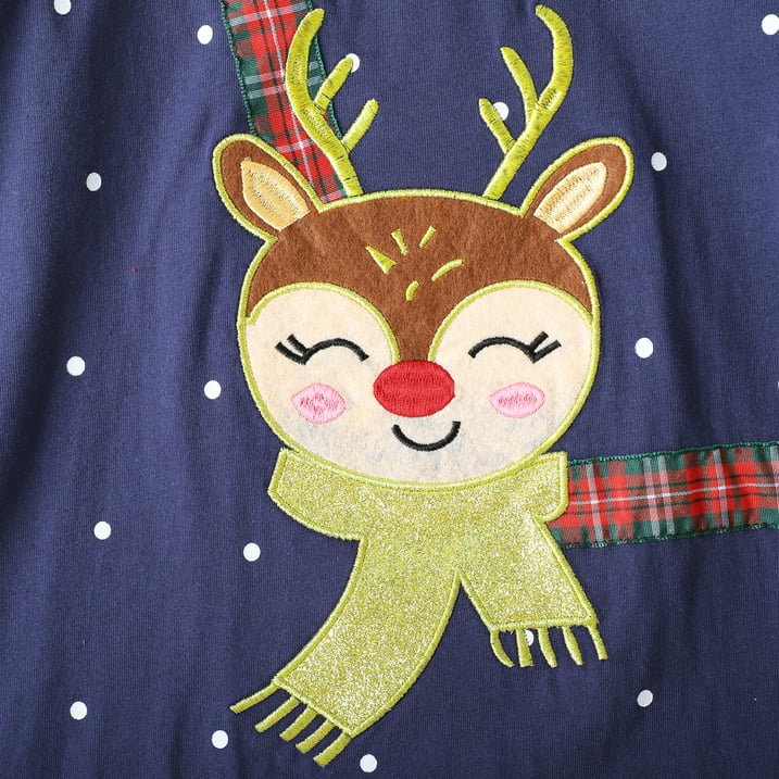 HILEELANG Toddler Girls Christmas Long Sleeve Dress Cotton Casual Navy Elk Embroidery Jersey Shirt Fall Winter Holiday Playwear Dresses 2