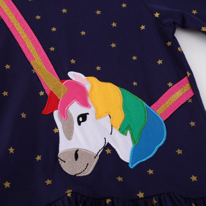 HILEELANG 100% Cotton Girls Long Sleeve Dress with NavyUnicorn ,NavyStripeDog,StripeStrawberry and FloralPumpkin – Ages