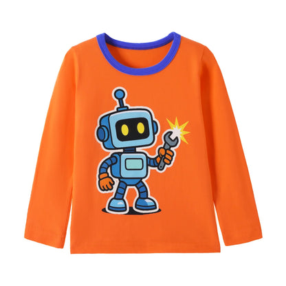 HILEELANG Baby Boys Shirt 3-Pack Robot And BoatGraphic Long-Sleeve Tees Winter Cotton Casual Crewneck T-Shirts