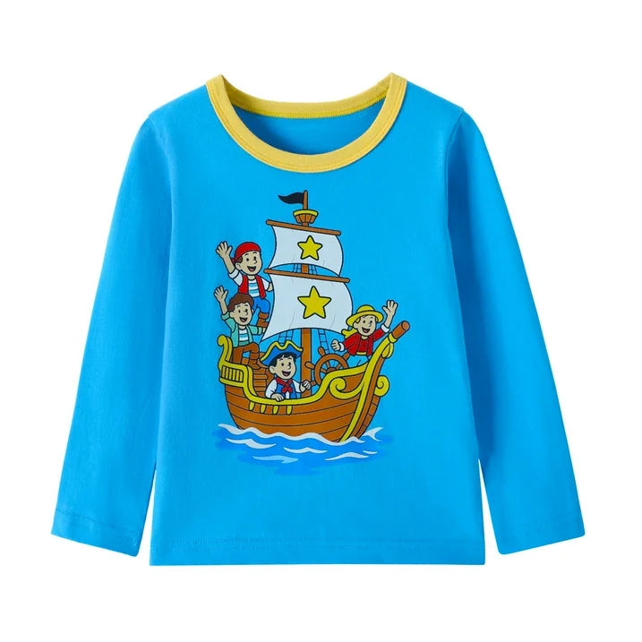 HILEELANG Baby Boys Shirt 3-Pack Robot And BoatGraphic Long-Sleeve Tees Winter Cotton Casual Crewneck T-Shirts