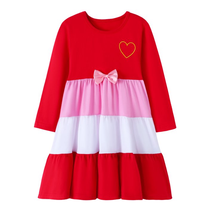 HILEELANG Girls Christmas Dress Long Sleeve Red Pink Tiered Party Outfit with Heart Bow Cotton Holiday Valentine’s Day Dress for Toddler Kids