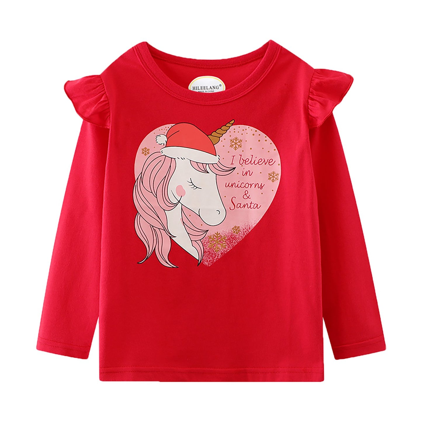 Toddler Girl Long Sleeve Shirts Christmas Ruffle Red Unicorn Green Snowman Cotton Casual Crewneck Jersey Tunic T-Shirts 3 Packs