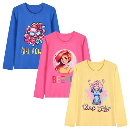 HILEELANG Toddler Girls' Long Sleeve Tee Shirt Cotton Crewneck Girs Graphic Tops T-Shirts Blue Yellow Pink 3 Packs