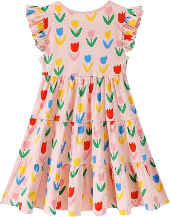 HILEELANG Girls Cotton Tiered Dress Flutter Ruffle Sleeve Summer Swing Sundress Birthday Party Casual Outfit Colorblock
