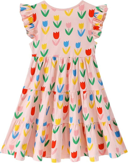 HILEELANG Girls Cotton Tiered Dress Flutter Ruffle Sleeve Summer Swing Sundress Birthday Party Casual Outfit Colorblock