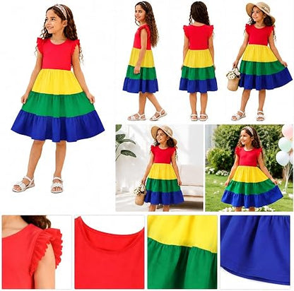 HILEELANG Girls Cotton Tiered Dress Flutter Ruffle Sleeve Summer Swing Sundress Birthday Party Casual Outfit Colorblock