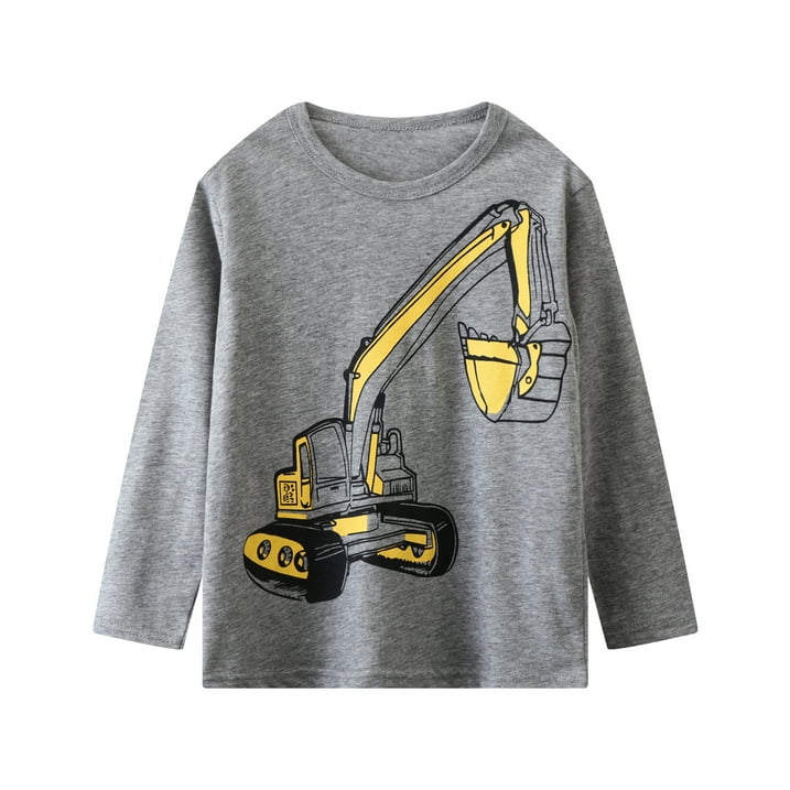 HILEELANG Toddler Boys' Long Sleeve Tee Shirt Christmas Cotton Casual Crewneck Excavator Graphic Tops T-Shirts Yellow Gray White 3 Packs