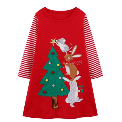 HILEELANG Toddler Girl Christmas Dress Long Sleeve Cotton Casaul Red Christmas Tree Applique Playwear Jersey Party Dresses