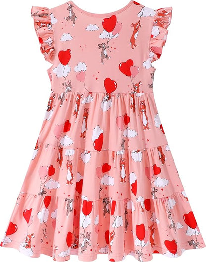 HILEELANG Girls Cotton Tiered Dress Flutter Ruffle Sleeve Summer Swing Sundress Birthday Party Casual Outfit Colorblock