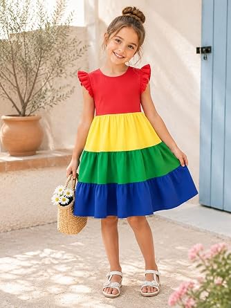 HILEELANG Girls Cotton Tiered Dress Flutter Ruffle Sleeve Summer Swing Sundress Birthday Party Casual Outfit Colorblock