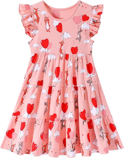 HILEELANG Girls Cotton Tiered Dress Flutter Ruffle Sleeve Summer Swing Sundress Birthday Party Casual Outfit Colorblock