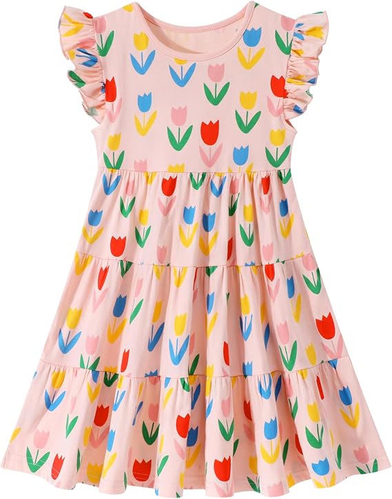 HILEELANG Girls Cotton Tiered Dress Flutter Ruffle Sleeve Summer Swing Sundress Birthday Party Casual Outfit Colorblock