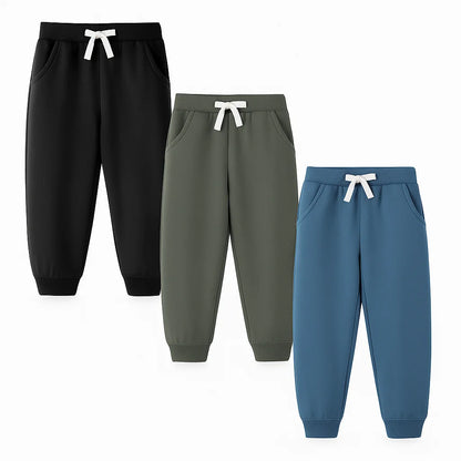 HILEELANG Baby Boys Cotton Jogger Sweatpants 3 Pack, Black Grey Blue Soft Elastic Waist Playwear Sport Pants with Pockets