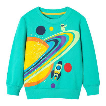HILEELANG Toddler Boy Sweatshirts Halloween Green Planet Graphic Glow in the Dark Crewneck Long Sleeve Pullover Cotton Top Sweater Shirts