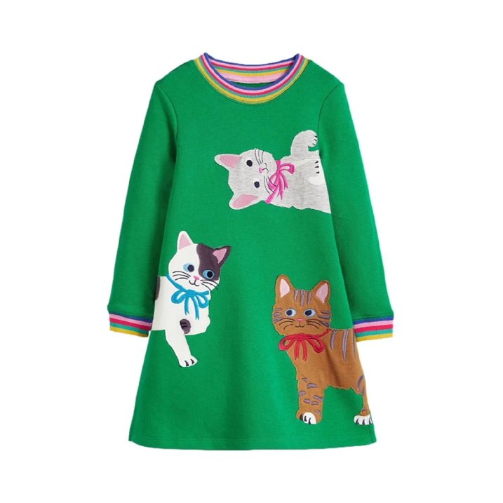HILEELANG Toddler Girls Long Sleeved Dresses Christmas Winter Cotton Casual Cute Green Cat Cartoon Pattern Dress