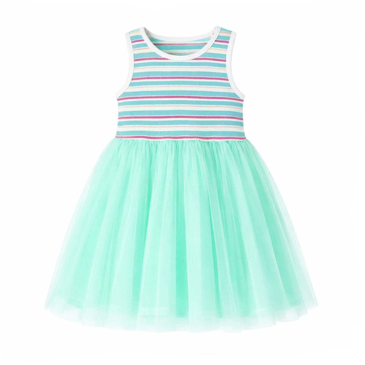 HILEELANG 2-7T Toddler Little Girls Colorful Striped Ribbed Tulle Dress, Mint Blue Sleeveless Summer Sundress