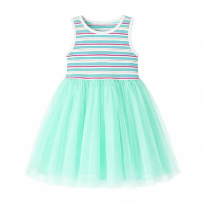 HILEELANG 2-7T Toddler Little Girls Colorful Striped Ribbed Tulle Dress, Mint Blue Sleeveless Summer Sundress