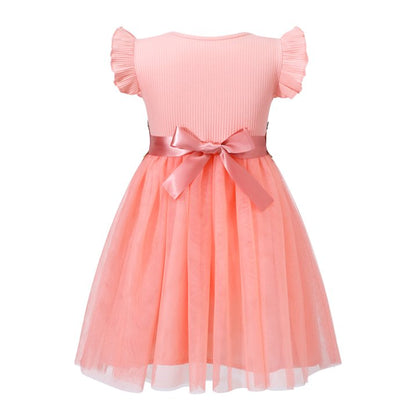 HILEELANG Toddler Little Girls Pink Tulle Dress, Floral Embroidered Flutter Sleeve Summer Birthday Party Dress