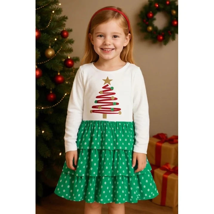 HILEELANG Girls Christmas Dress White Long Sleeve, Toddler and Little Kids Holiday Outfit with and Christmas Tree Print, Festive Cotton Dress