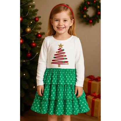 HILEELANG Girls Christmas Dress White Long Sleeve, Toddler and Little Kids Holiday Outfit with and Christmas Tree Print, Festive Cotton Dress