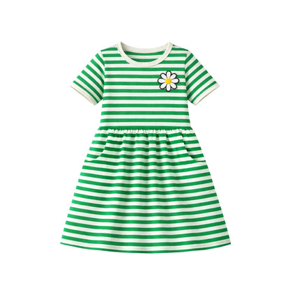 HILEELANG 2-8 Toddler Girls Green White Stripe Bunny Summer Play Dress