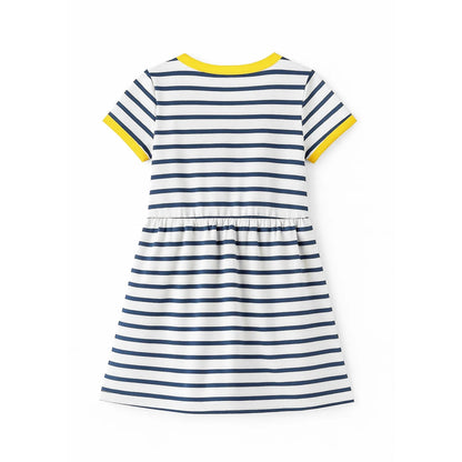 HILEELANG 2-8 Toddler Girls Navy White Stripe Yellow Trim Summer Play Dress