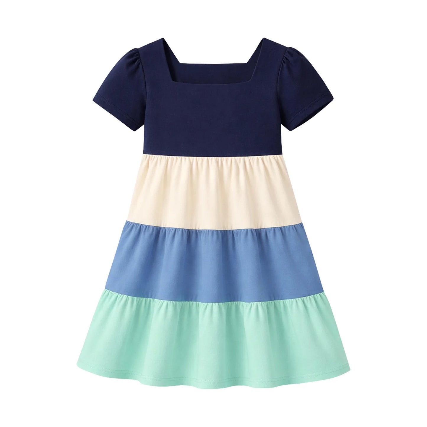 HILEELANG Toddler Girls 2-8T 100% Cotton Tiered Dress Navy Colorblock Short Sleeve Casual Dress