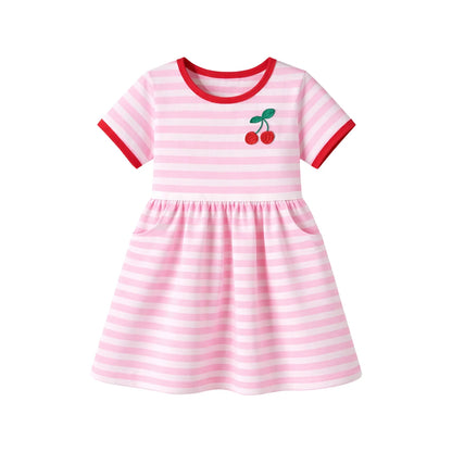 HILEELANG 2-8 Toddler Girls Pink White Stripe Cherry Summer Play Dress