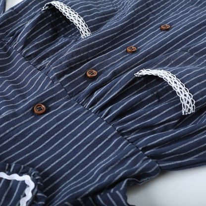 HILEELANG Baby Girls Peter Pan Collar Dress Long Sleeve Cotton Casual Navy Vertical Stripes School Playwear
