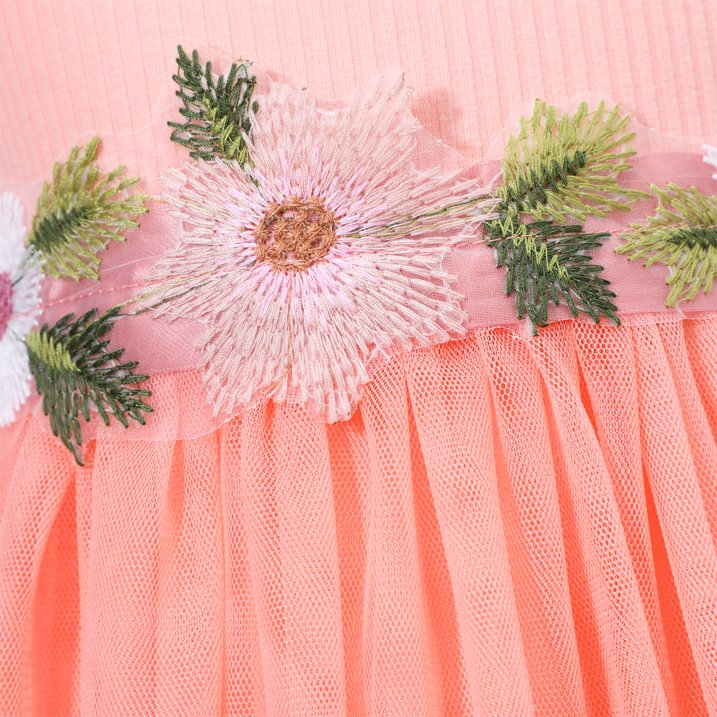 HILEELANG Toddler Little Girls Pink Tulle Dress, Floral Embroidered Flutter Sleeve Summer Birthday Party Dress