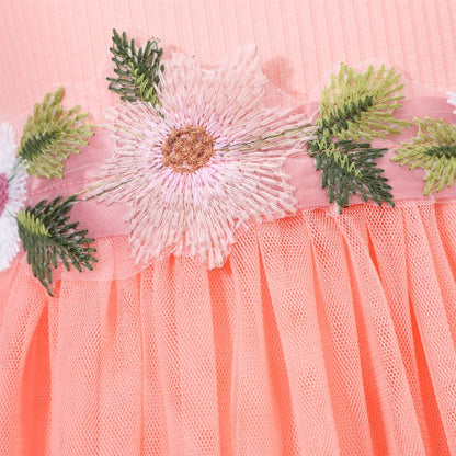 HILEELANG Toddler Little Girls Pink Tulle Dress, Floral Embroidered Flutter Sleeve Summer Birthday Party Dress