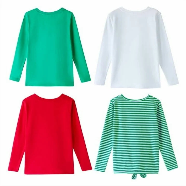 HILEELANG Girls 100% Cotton Long Sleeve T-Shirt 4-Pack, Red Green White Striped, Casual Everyday Tops