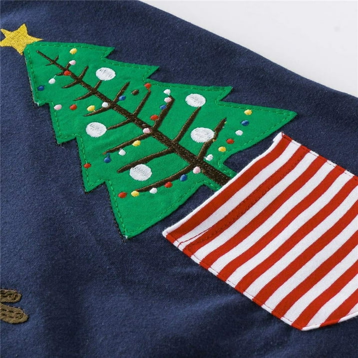 HILEELANG Toddler Girl Christmas Dress Navy Blue Deer Elk Santa Christmas Tree Applique Long Sleeve Cotton Holiday Dresses