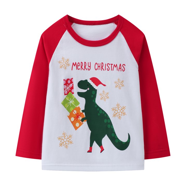 HILEELANG Toddler Boys' Long Sleeve Tee Shirts Cotton Crewneck Red Green Christmas Dinosaur Graphic Tops T-Shirts 3 Packs