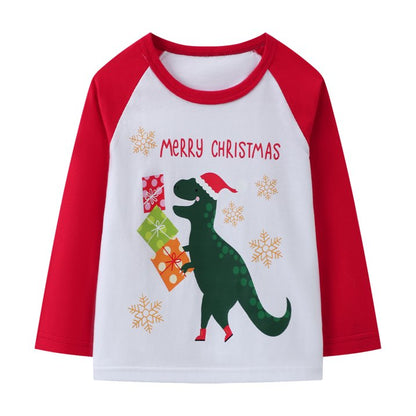 HILEELANG Toddler Boys' Long Sleeve Tee Shirts Cotton Crewneck Red Green Christmas Dinosaur Graphic Tops T-Shirts 3 Packs