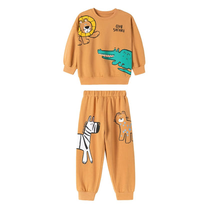 HILEELANG Toddler Boys （2-7Y) 2-Piece Outfit Set, Cartoon Safari Animal Print Sweatshirt and Pants, Soft Fall Spring Clothing