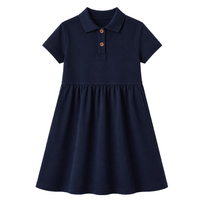 HILEELANG 4-13T Big Girls' Navy Blue Short Sleeve Polo Dress with Pockets, School Uniform Casual Dress for Kids
