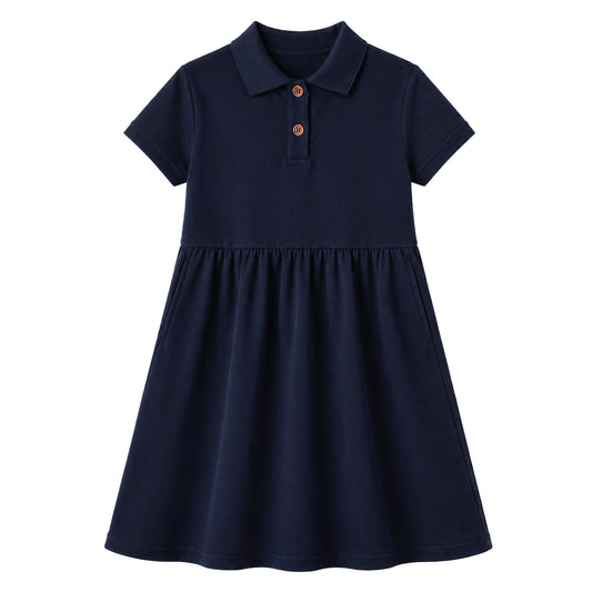 HILEELANG 4-13T Big Girls' Navy Blue Short Sleeve Polo Dress with Pockets, School Uniform Casual Dress for Kids