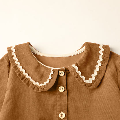 HILEELANG Toddler Brown Wavy Collar Corduroy Dress, Single Piece